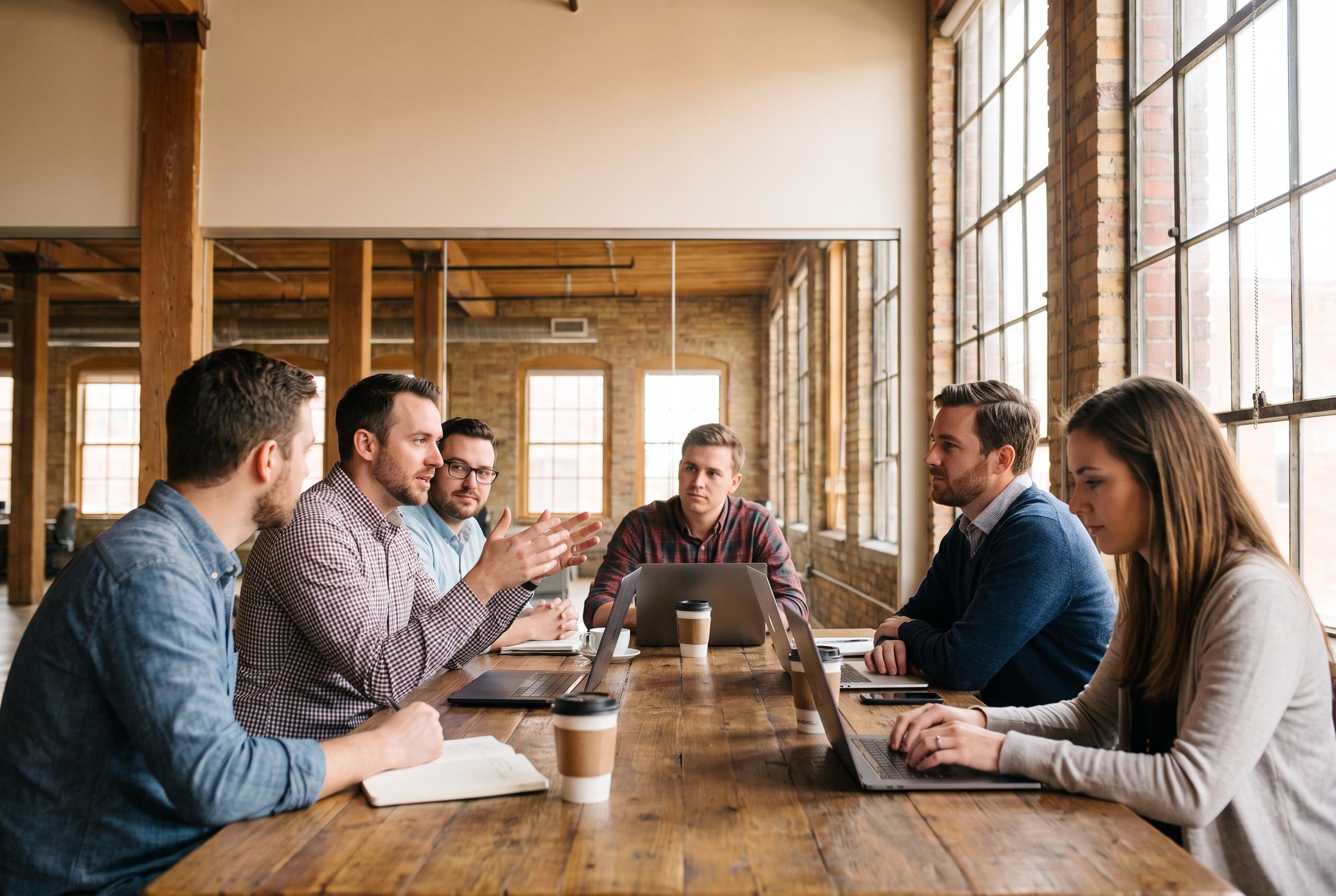 Six colleagues in discussion around a long wooden table beside tall windows in a brick loft office.