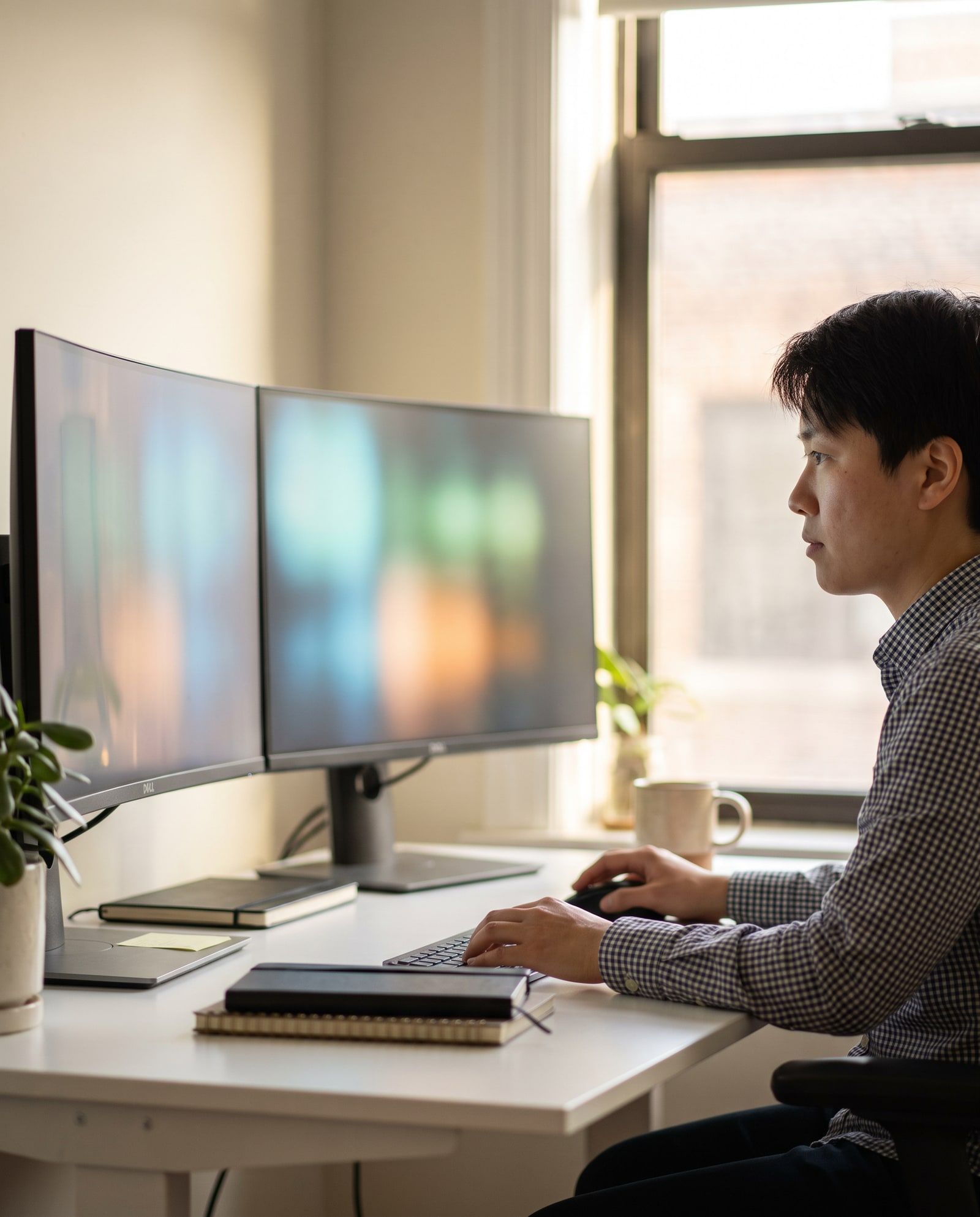 An engineer in profile at a white desk reads code across two large monitors beside a bright window.