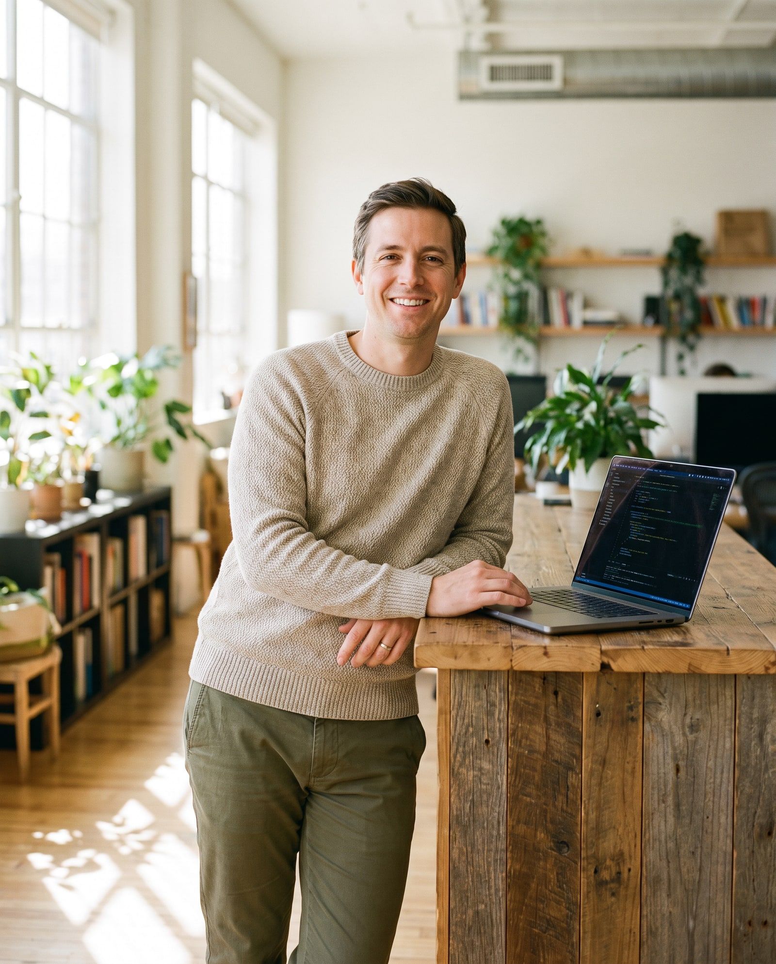 A smiling technology professional in a sweater leans on a wooden counter beside an open laptop in a plant-filled office.