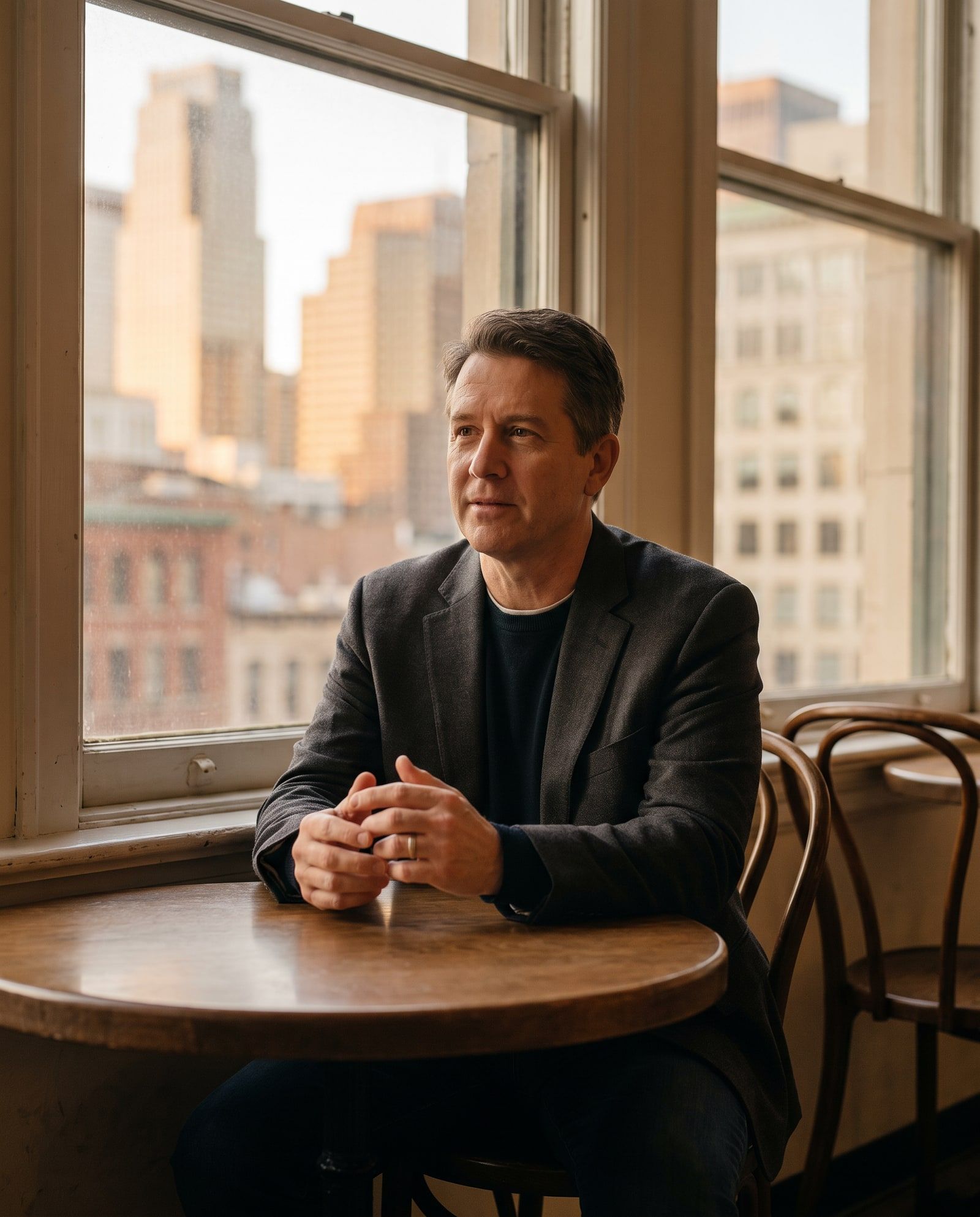 A technology consultant in conversation at a small table in front of a large window overlooking city buildings.