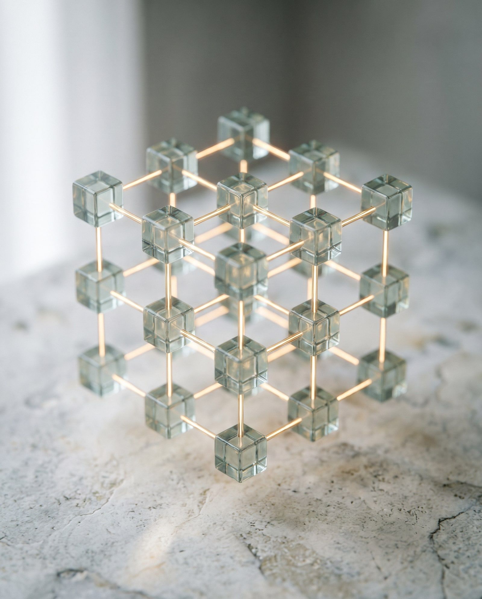 A lattice of small glass cubes joined by fine brass threads, resting on a pale stone surface.