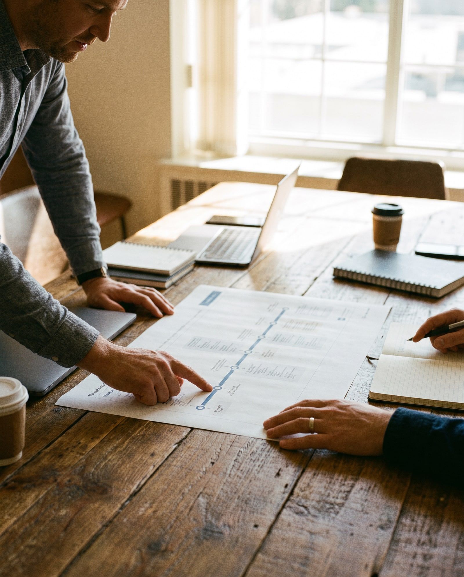A consultant points at a milestone on a printed roadmap while a client follows along, notebooks and a laptop nearby.