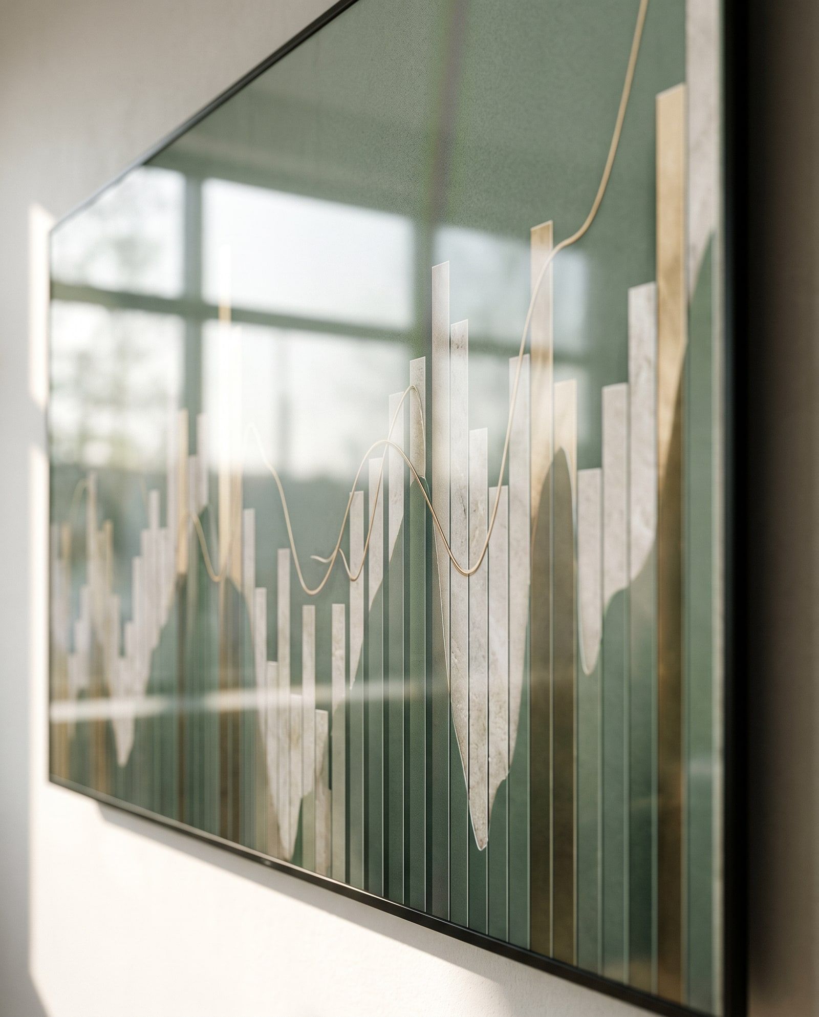 A large wall display showing an abstract bar and line chart in muted green and brass tones.