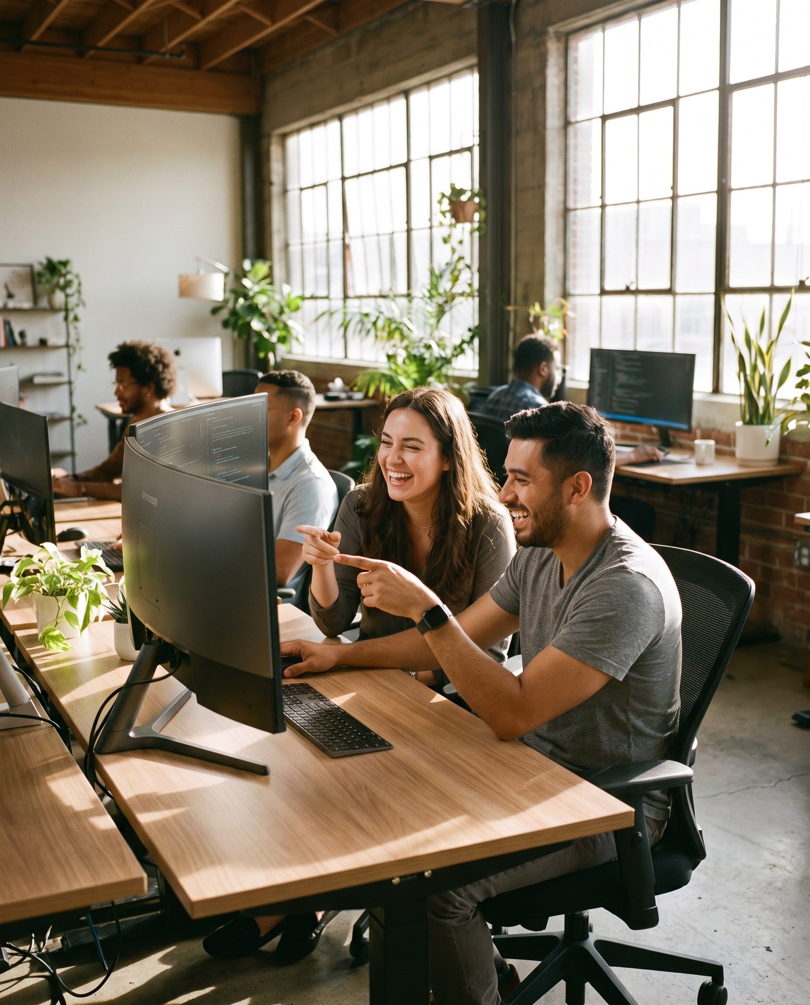 Three developers share a laugh around a large monitor at a wooden desk in a bright loft office.