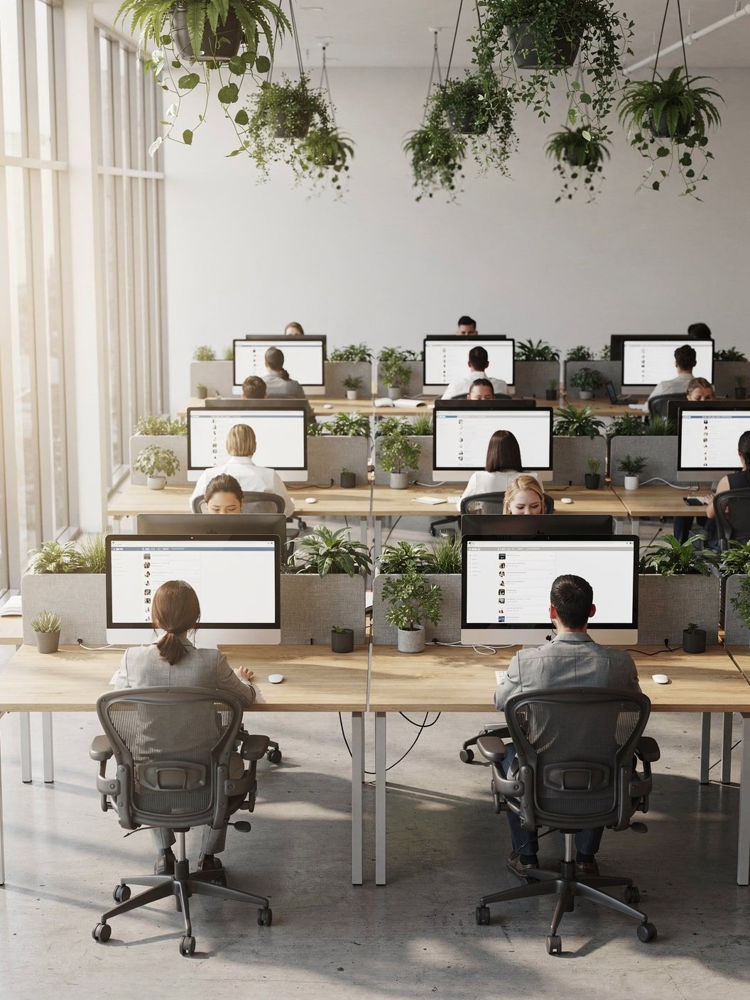 Rows of people working at monitors on long shared desks beneath hanging plants in a bright open-plan office.