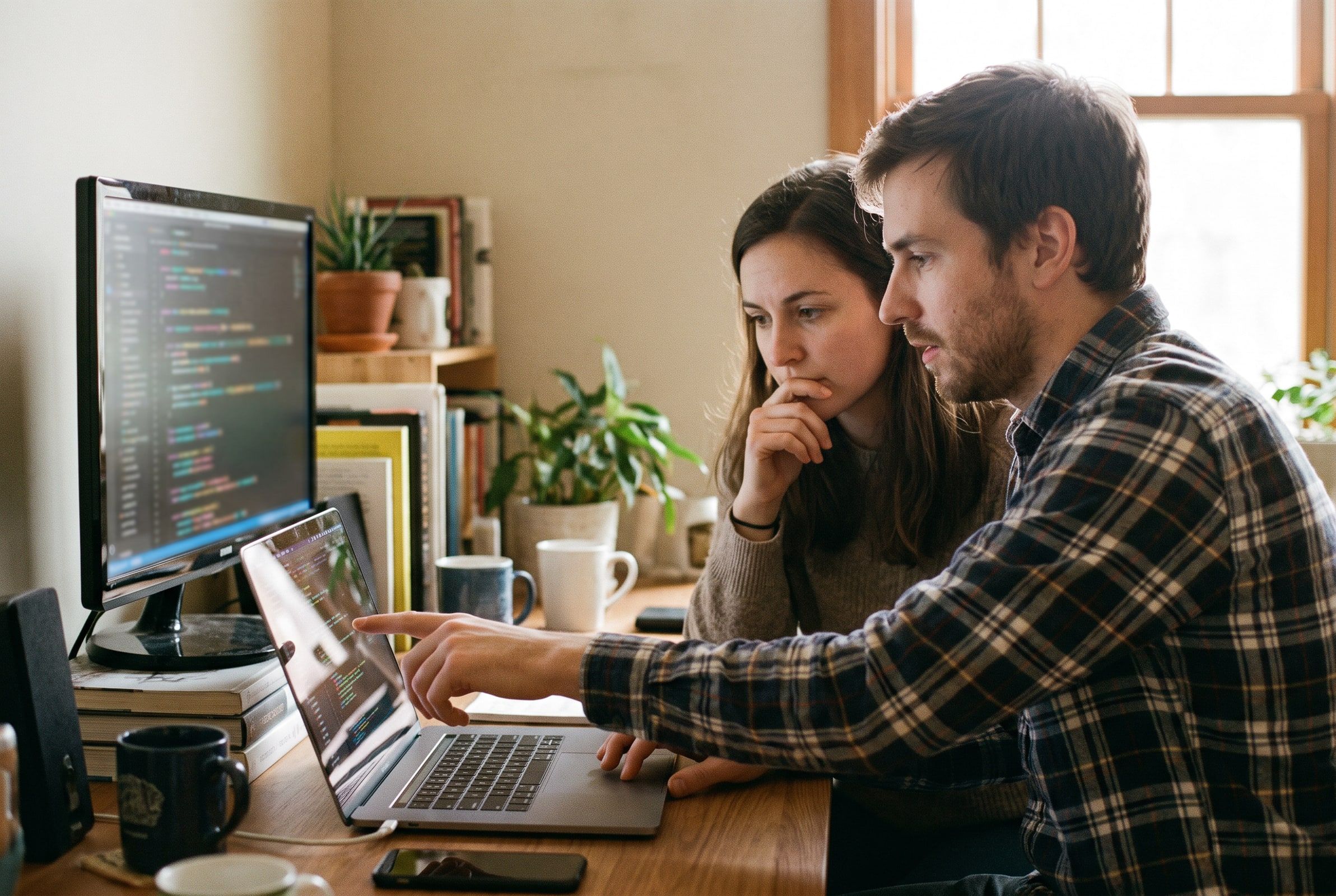 Two engineers lean in together to review code on a laptop and a monitor at a wooden desk.