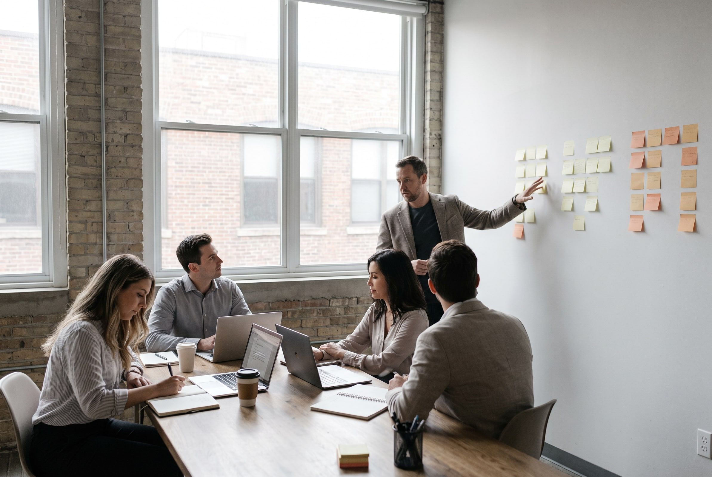 A consultant points to sticky notes on a white wall while four colleagues with laptops listen at a long table.